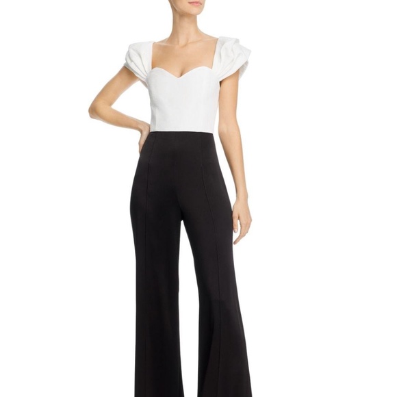NWT Alice + Olivia Black and White Puff Sleeve Satin Jumpsuit